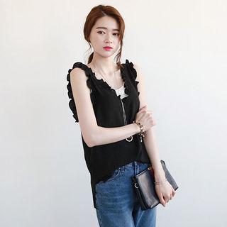 V-neck Sleeveless Frill-trim Top