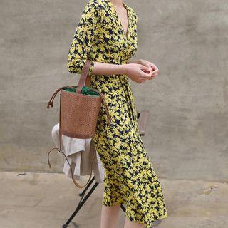 Print V-neck Short-sleeve Slim-fit Dress