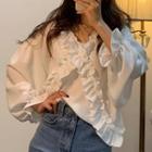 Plain Ruffled-trim V-neck Lace-up Long-sleeve Blouse