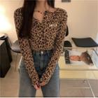 Long-sleeve Leopard Print Cropped T-shirt Brown - One Size