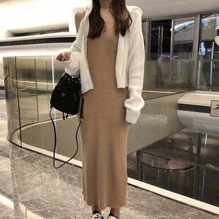 Cold Shoulder Zip Knit Jacket / Sleeveless Sheath Midi Dress