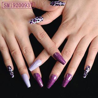 Leopard Print Glitter Faux Nail Tips Sm19200937 - Purple - One Size