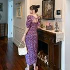 Floral Puff-sleeve Open-back Midi Sheath Dress