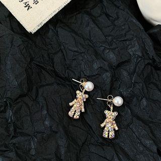 Rhinestone Bear Faux Pearl Dangle Earring 1 Pair - Gold - One Size