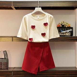 Set: Heart Applique Short-sleeve T-shirt + Skort