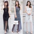 Mesh Panel Sleeveless Maxi Lace Dress With Necklace