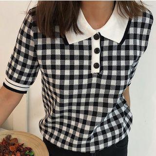 Short-sleeve Gingham Knit Polo Shirt