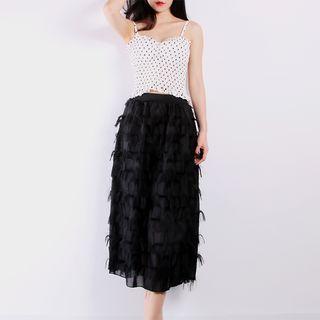 Spaghetti Strap Dotted Top / Fringed Midi Skirt