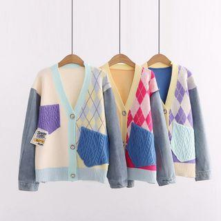 Color Block Lettering Argyle Cardigan