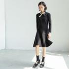 Long-sleeve Mock Neck Bow-accent A-line Knit Dress