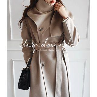 Scarf-neck Double-breasted Woolen Coat With Sash