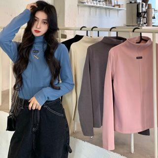 Mock Neck Applique Long-sleeve Plain Top