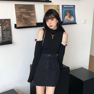 Long-sleeve Lace Trim Cold-shoulder Mock-neck Top Black - One Size