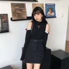 Long-sleeve Lace Trim Cold-shoulder Mock-neck Top Black - One Size
