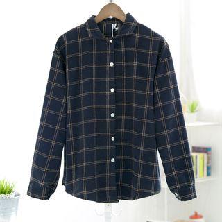 Check Loose-fit Shirt Navy Blue - One Size