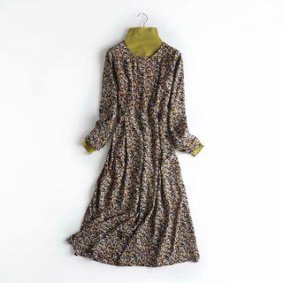 Set: Long-sleeve Floral Midi A-line Dress + Mock-neck T-shirt