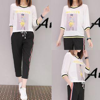 Set: Printed 3/4 Sleeve T-shirt + Cropped Drawstring Pants