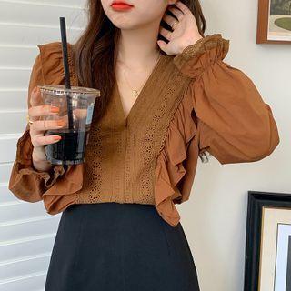 Long-sleeve V-neck Eyelet Lace Blouse