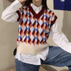 Long-sleeve Plain Shirt / Argyle Knit Vest