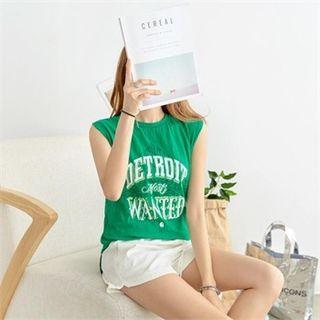 Crew-neck Cap-sleeve Lettering Cotton Top