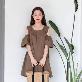 Cutaway-shoulder Ruffle-sleeve Shift Minidress