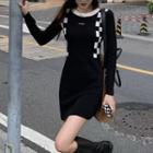 Long-sleeve Lettering Knit Sheath Dress Black - One Size