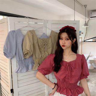 Balloon-sleeve Gingham Lace-up Blouse