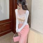 Two Tone Floral Lace Tank Top / Plain Cardigan / High-waist Plain A-line Split Skirt