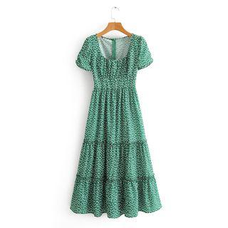 Floral Print Short-sleeve Tiered Maxi A-line Dress