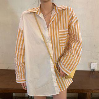 Long-sleeve Striped Panel Lettering Shirt