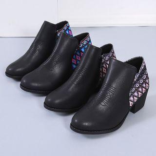 Block Heel Pattern Panel Ankle Boots