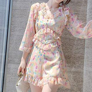 Printed Ruffle Trim Long-sleeve Playsuit