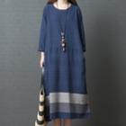 Long-sleeve Color-panel Midi Linen Dress