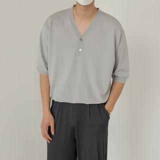 Plain Knit V-neck Short-sleeve Top