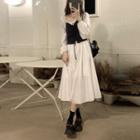 Long-sleeve Mock Two Piece Midi A-line Dress White - One Size