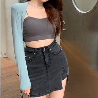 Ribbed Cropped Camisole Top / Denim Pencil Skirt / Cardigan