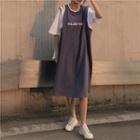 Mock Two-piece Lettering Elbow-sleeve Midi T-shirt Dress Grayish Blue & White - One Size