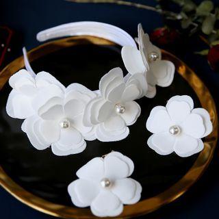 Set: Wedding Flower Hair Band + Earring Set - White - One Size