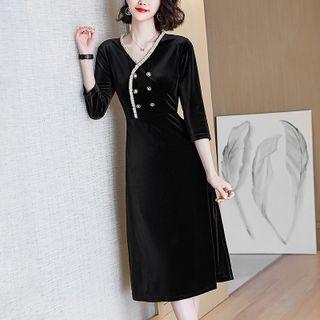 3/4-sleeve Double-breasted A-line Velvet Dress