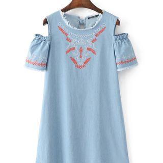 Cutout-shoulder Embroidery Denim Shift Dress