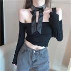 Off-shoulder Plain Cropped Top With Rhinestone Choker