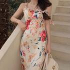 Set: Spaghetti Strap Floral Print Midi A-line Dress + Hair Tie