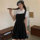Mock Two-piece Puff-sleeve Pleated Mini Dress Black - One Size