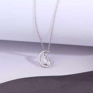 925 Sterling Silver Rhinestone Rabbit & Moon Pendant Necklace As Shown In Figure - One Size