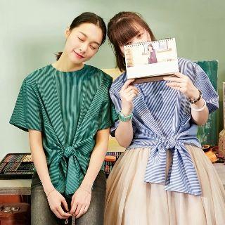 Short-sleeve Striped Lace-up Top