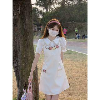 Short-sleeve Lace Trim Shirt / Flower Detail Mini Overall Dress
