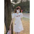 Short-sleeve Lace Trim Shirt / Flower Detail Mini Overall Dress
