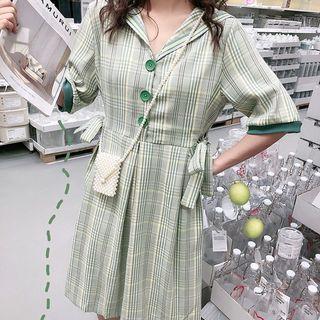 Bow-accent Plaid Short-sleeve Midi Dress