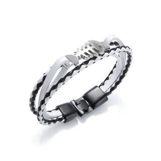Simple Personality Fish Bone Black And White Twist Multilayer Leather Bracelet Silver - One Size