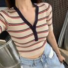 Short-sleeve Striped Cropped Knit Top Khaki - One Size